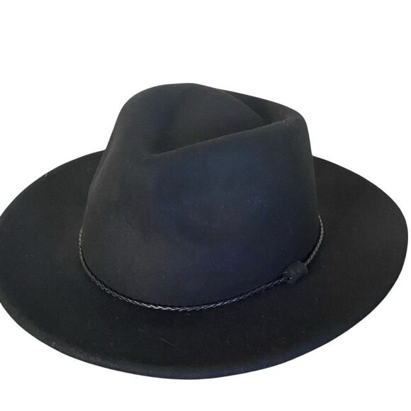 Black Wide Brim Braided Faux Leather Band Fedora Hat NWT